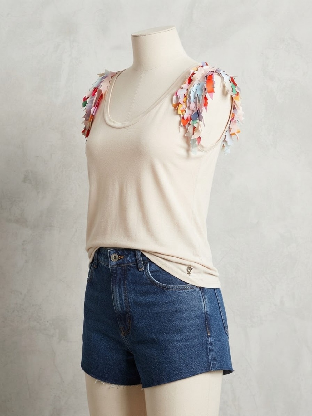 Animale Cream Tank with Multicolor Fringe Shoulder Accents size XS